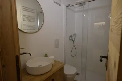 a bathroom with a toilet and a sink and a shower at Dolomiti charme in Cortina dʼAmpezzo