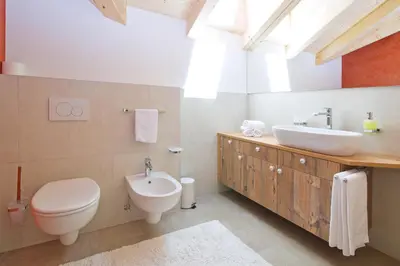 a bathroom with a toilet and a sink at Wibmerhof in Tesido