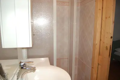 a bathroom with a sink and a toilet and a mirror at Cèsa Sot Bosch in Canazei