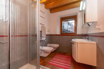 a bathroom with a toilet and a sink and a shower at Appartamento Tre Valli 5 in Alleghe