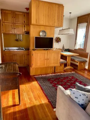 a living room with a tv and a couch and a table at APARTMENT - Ski in&out-accesso diretto alle piste in Cortina dʼAmpezzo