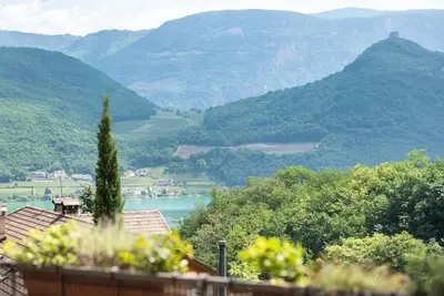 a view of a river with mountains in the background at Apartment Seenah in Caldaro