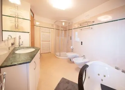 a bathroom with a sink and a toilet and a shower at Apartment Seenah in Caldaro