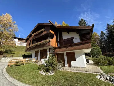 a house that is sitting in the grass at Casa Funivia, immersa nel verde e vicina al centro di Cortina in Cortina dʼAmpezzo