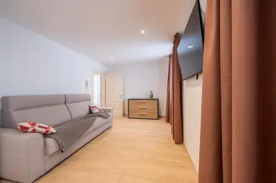 a living room with a couch and a television at Appartamento Dolomiti Dream 1 in Falcade