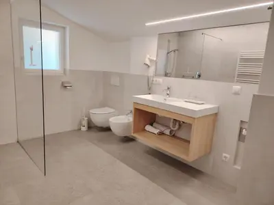 a bathroom with a sink and a toilet and a mirror at Fritzenhof in Termeno