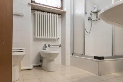a bathroom with a toilet and a shower and a sink at Trilo Ciasa de l'Ora in Cavalese