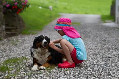 a young girl is petting a dog on the ground at Hof Zerund in Castelrotto