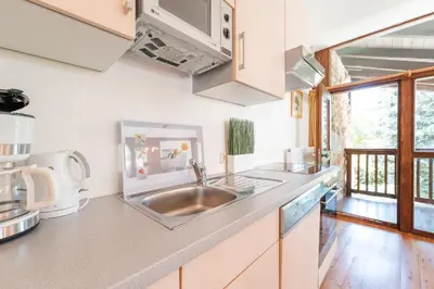 a kitchen with a sink and a microwave at Apartments Ansitz Wieshof in Castelvecchio
