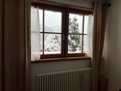 a window with a view of a snow covered tree at Casa Carlotta Tesero-Relax and view in Tesero