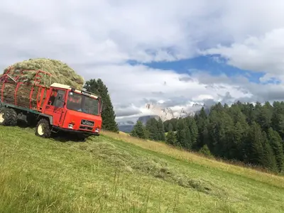 a red truck is driving down a grassy hill at Sule Hof Agriturismo in Ortisei