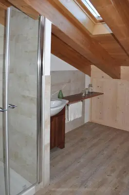 a bathroom with a shower and a sink at Meraviglioso Loft con vista sulle Dolomiti in Colle Santa Lucia