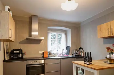 a kitchen with a sink and a stove top oven at Villa Bergmann Suites Meran in Merano