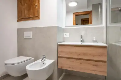 a bathroom with a white toilet and a sink at Cozy 3 bedroom with access to garden in Cortina dʼAmpezzo