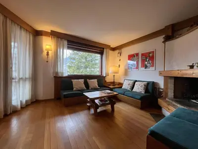a living room with a couch and a fireplace at Cozy 3 bedroom with access to garden in Cortina dʼAmpezzo