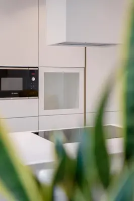 a kitchen with a stove and a microwave at Villa Silvio in Castello di Fiemme
