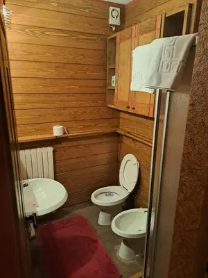 a small bathroom with a toilet and a sink at Comodo e luminoso, splendida vista su Cortina in Cortina dʼAmpezzo