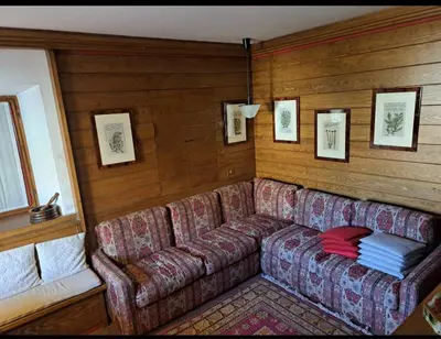 a couch sitting in a room with wooden walls at Comodo e luminoso, splendida vista su Cortina in Cortina dʼAmpezzo