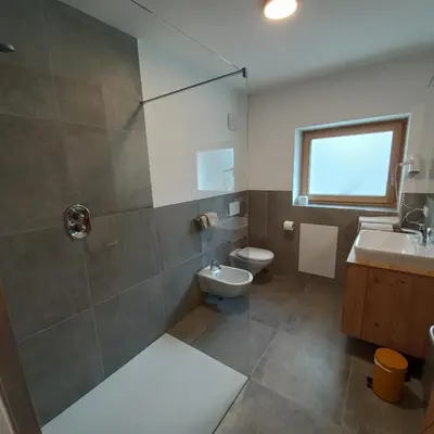 a bathroom with a shower and a toilet and a sink at Pension Pepi - Apartments I Bed - Breakfast in Perca