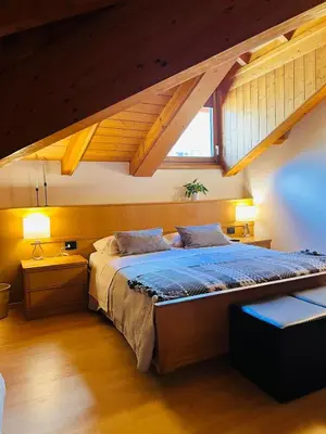 a bedroom with a large bed with wooden ceilings at Stanza Roma in Tesero