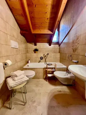 a bathroom with a sink and a tub and a toilet at Stanza Roma in Tesero