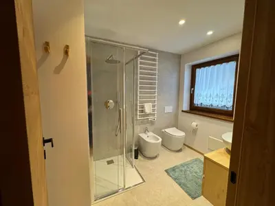 a bathroom with a glass shower and a toilet at Ciasa Enrico in Arabba