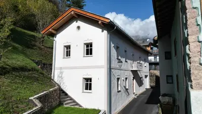 a white building with a brown roof on a hill at Alpen Chic in Cavalese