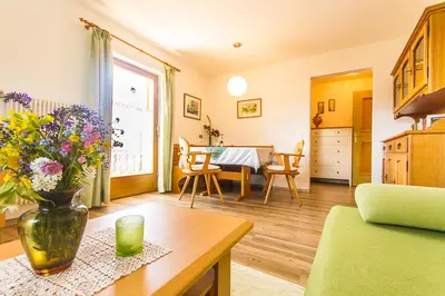 a living room with a vase of flowers on a table at Apartements Mitterstill in Fiè
