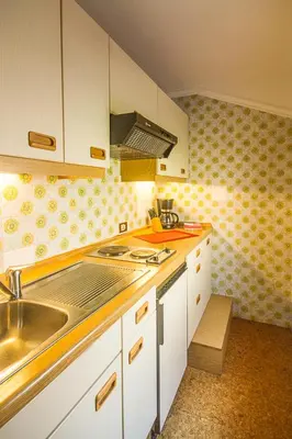 a kitchen with a sink and a stove top oven at Apartements Mitterstill in Fiè