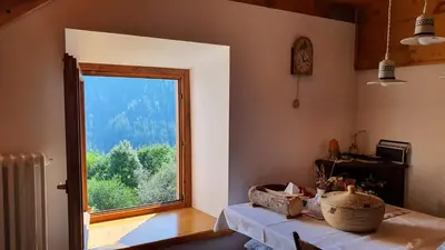 a room with a table and a large window at Dolomites Holiday Home in Rivamonte