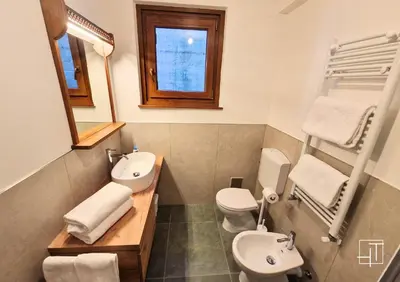 a bathroom with two toilets and a sink and a mirror at HT - Ciasa Ca'Mora nel centro di Cortina d'Ampezzo in Cortina dʼAmpezzo