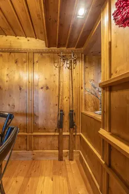 a sauna with a shower in a wooden wall at Chiara Home, in centro a Cortina d Ampezzo in Cortina dʼAmpezzo