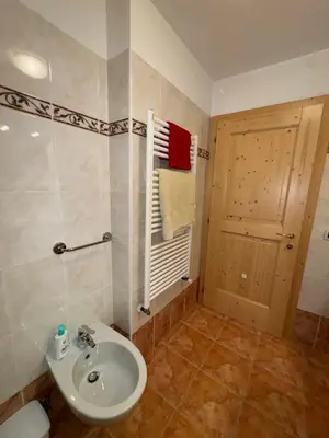 a bathroom with a white sink and a door at Cèsa Emily in Campitello di Fassa