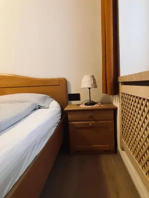 a bedroom with a bed and a lamp on a night stand at CERMIS Minisuite in Cavalese