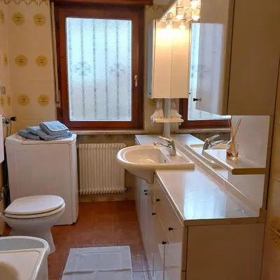 a bathroom with a sink and a toilet and a window at casa elvira in Castello di Fiemme