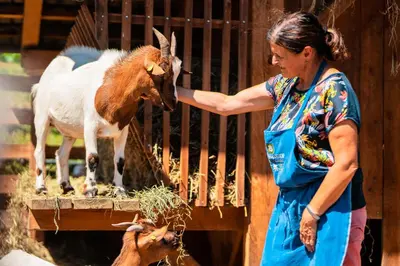 a woman is petting a goat in a cage at Bachmannhof in Feldthurns