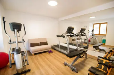 a gym with treadmills and exercise bikes in a room at Gartenheim Ferienwohnung in Caldaro