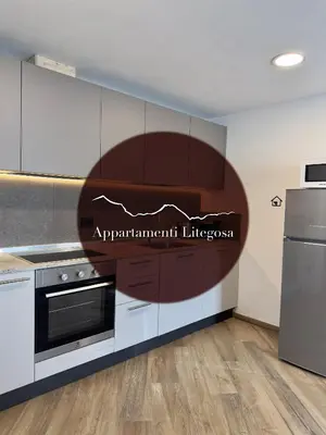 a kitchen with white cabinets and a black oven at Appartamenti LITEGOSA casa vacanza 3 in Panchia