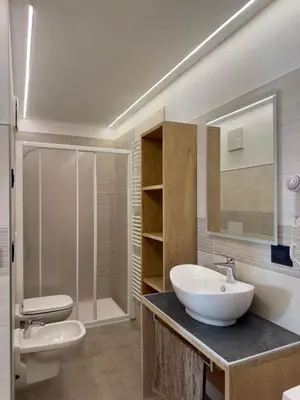 a bathroom with a sink and a toilet and a mirror at Appartamenti LITEGOSA casa vacanza 3 in Panchia