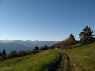 a dirt road on a hill with mountains in the background at Casa Vacanze Fontana in Coredo