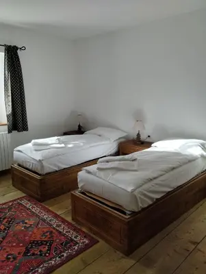 two twin beds in a room with a rug at Villa Ronco - Stayincortina in Cortina dʼAmpezzo