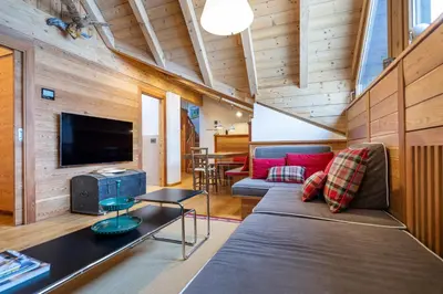 a living room with a couch and a tv at Attic Apartment Dolasilla in Selva di Val Gardena
