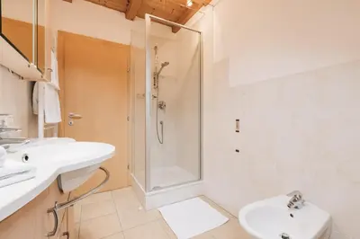 a bathroom with a shower and a sink and a toilet at Weißhaus Hof in Caldaro