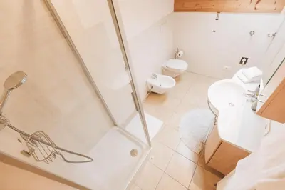 a bathroom with a shower and a toilet at Weißhaus Hof in Caldaro