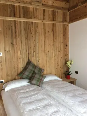 a bed in a room with a wooden wall at B&B Belvedere in Daiano