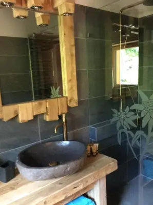 a bathroom with a large sink and a mirror at B&B Belvedere in Daiano