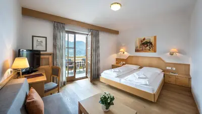 a bedroom with a bed and a tv and a couch at Hotel Restaurant Waldea in Marlengo