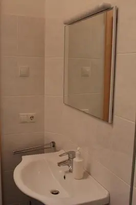a bathroom with a sink and a mirror at FeWo 3 am Martinshof in Eppan im Süden Südtirols in Missiano