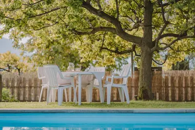 a table and chairs sitting under a tree next to a pool at Luisashaus in Tirolo