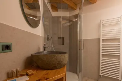 a bathroom with a stone sink and a shower at Mas di Siti in Castelfondo